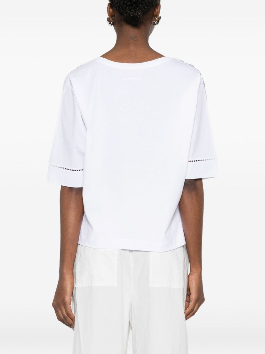 Ermanno Firenze V Neck Cotton T Shirt With Pointelle Detailing And Floral Embroidery For Women