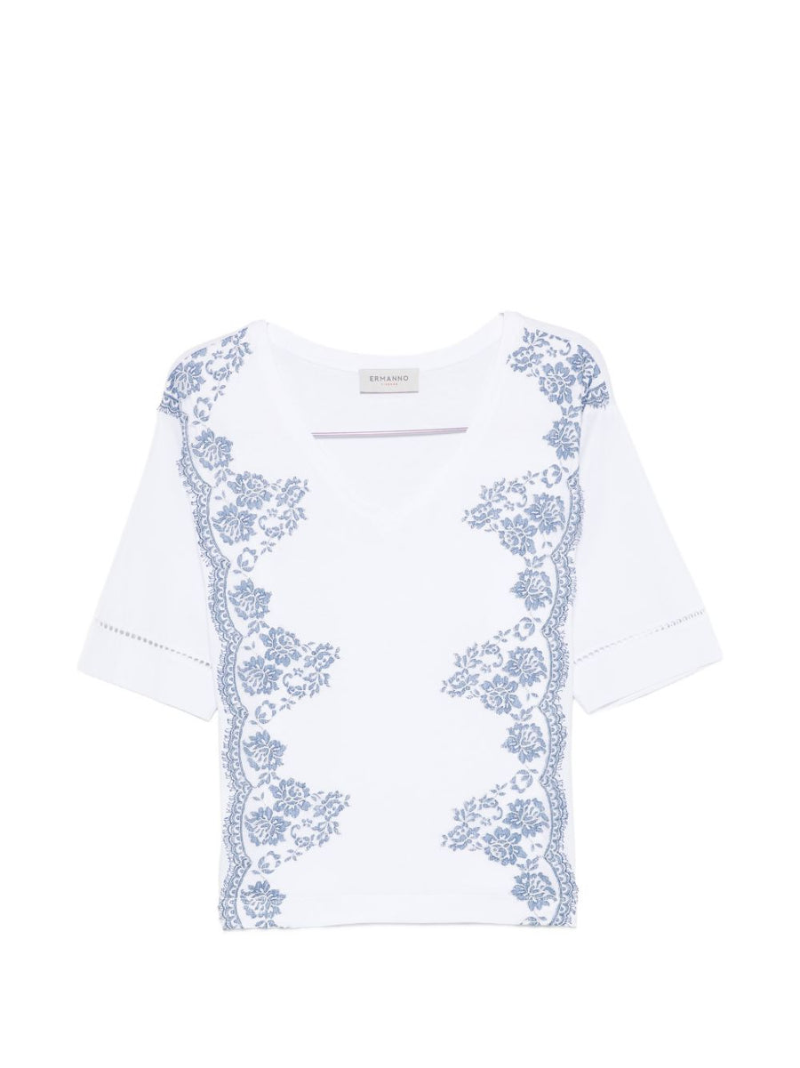 Ermanno Firenze V Neck Cotton T Shirt With Pointelle Detailing And Floral Embroidery For Women