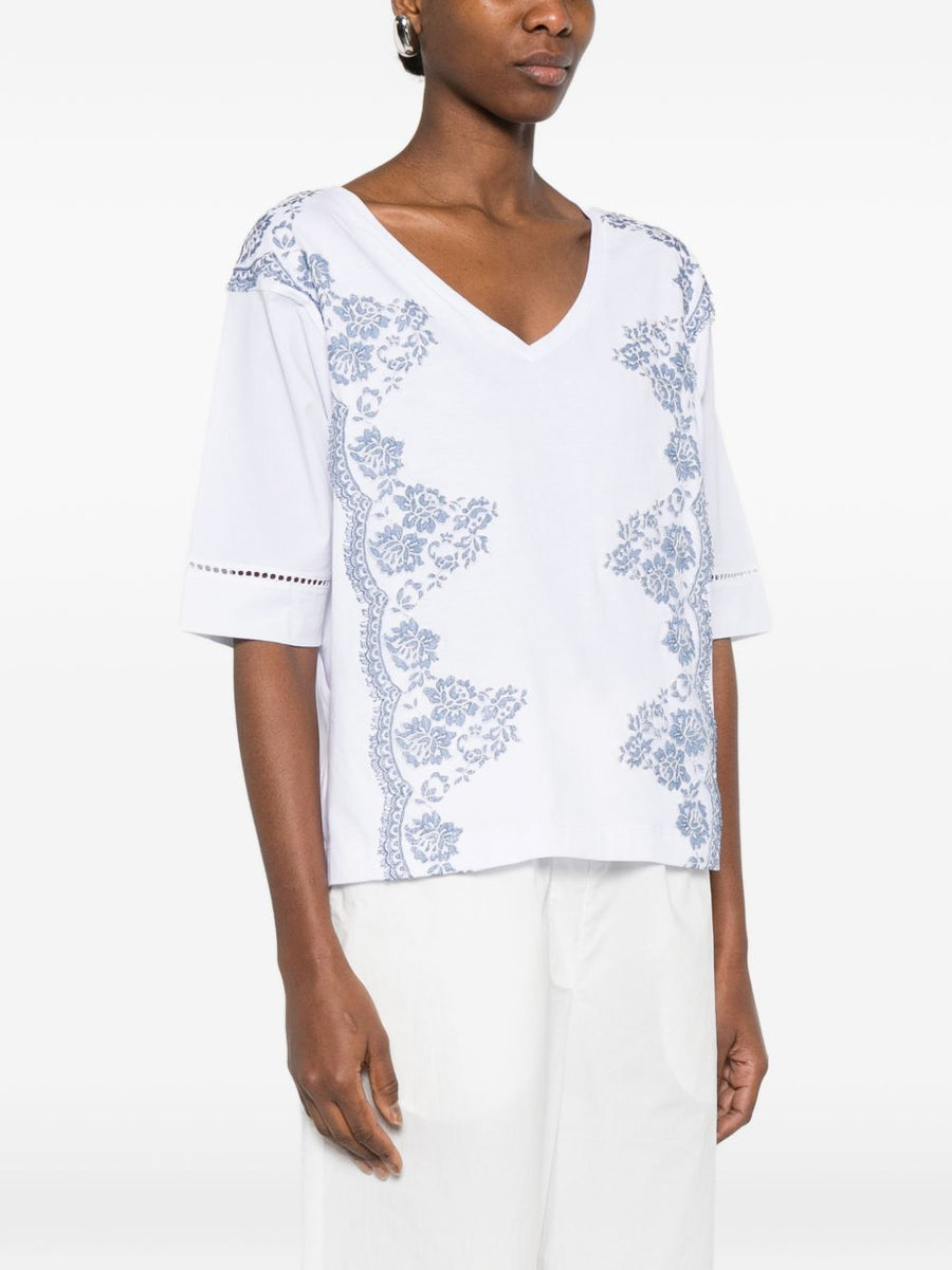 Ermanno Firenze V Neck Cotton T Shirt With Pointelle Detailing And Floral Embroidery For Women