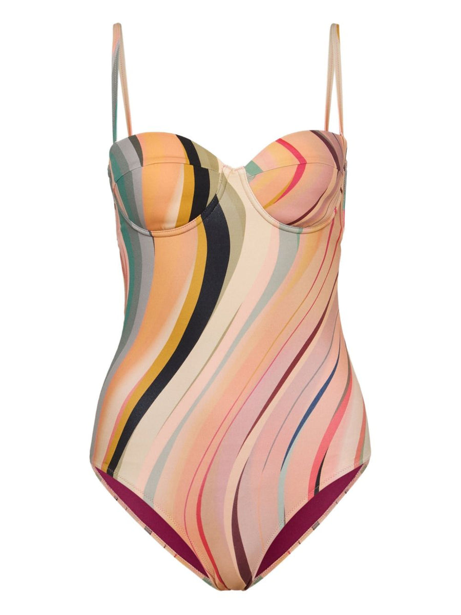 Paul Smith Swirl Swimsuit For Women With Underwired Cups Adjustable Straps Multicolor Peach Beige Print High Leg