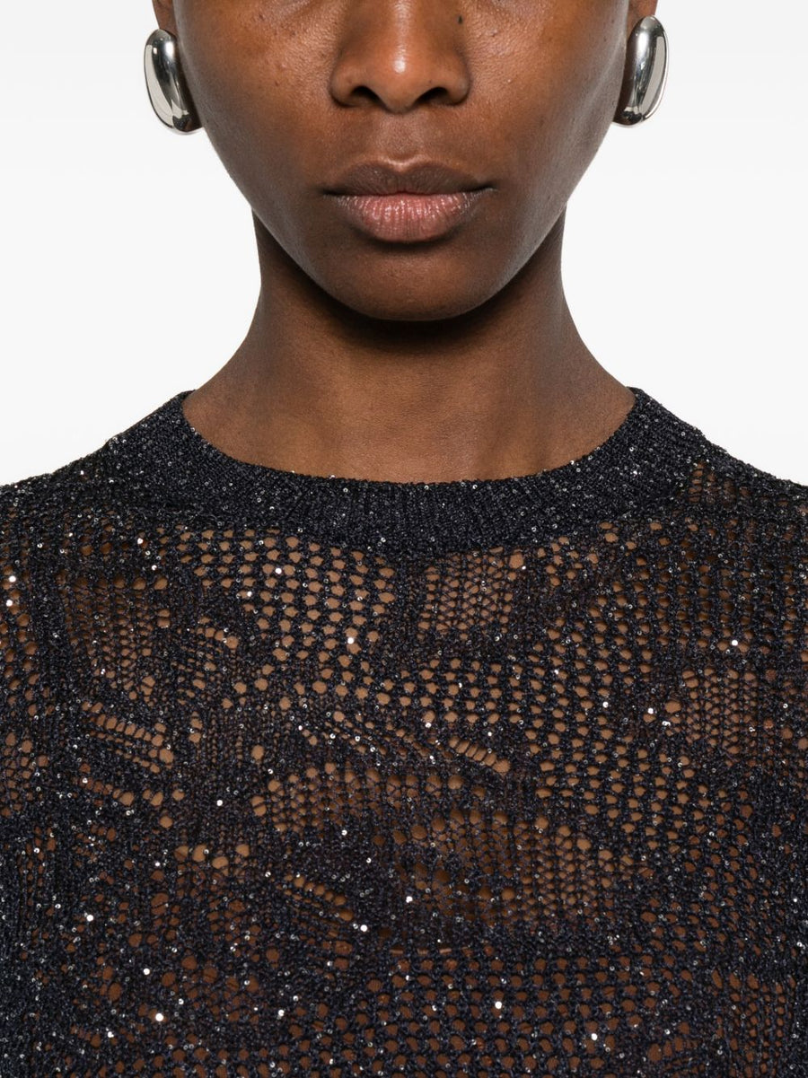 Fabiana Filippi Openwork T Shirt Navy Sparkle Embellished Top For Women Everyday Elegance