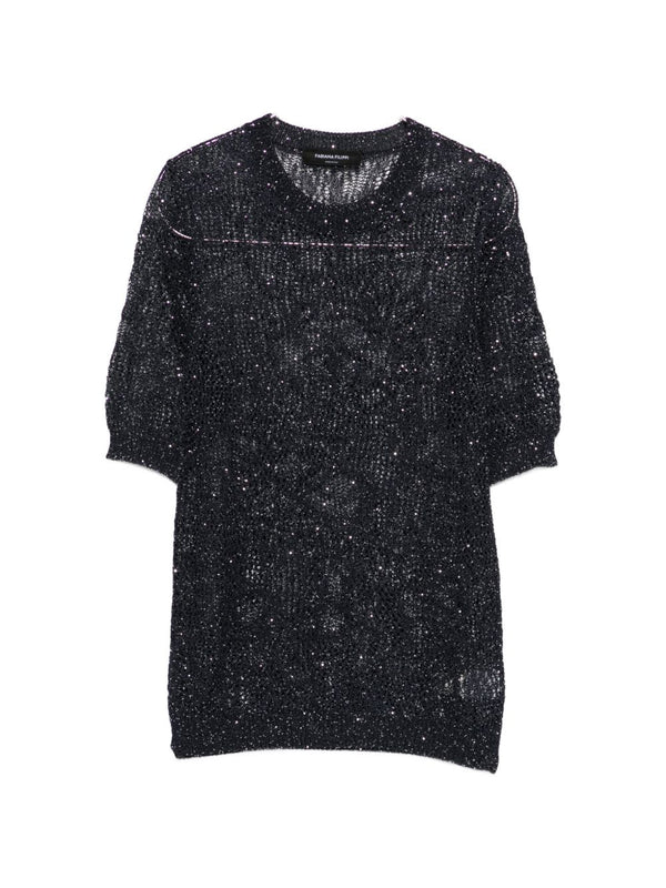 Fabiana Filippi Openwork T Shirt Navy Sparkle Embellished Top For Women Everyday Elegance