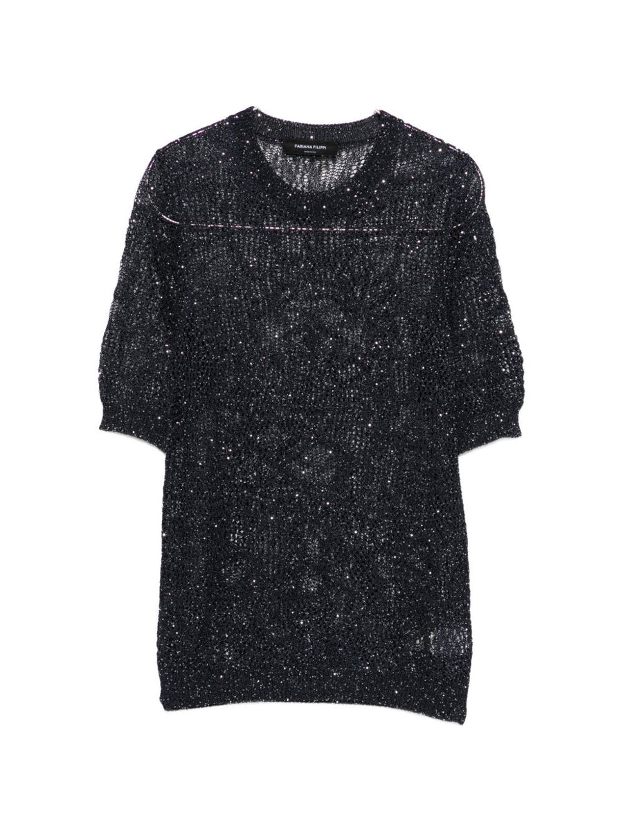 Fabiana Filippi Openwork T Shirt Navy Sparkle Embellished Top For Women Everyday Elegance