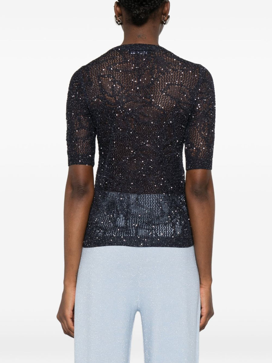 Fabiana Filippi Openwork T Shirt Navy Sparkle Embellished Top For Women Everyday Elegance