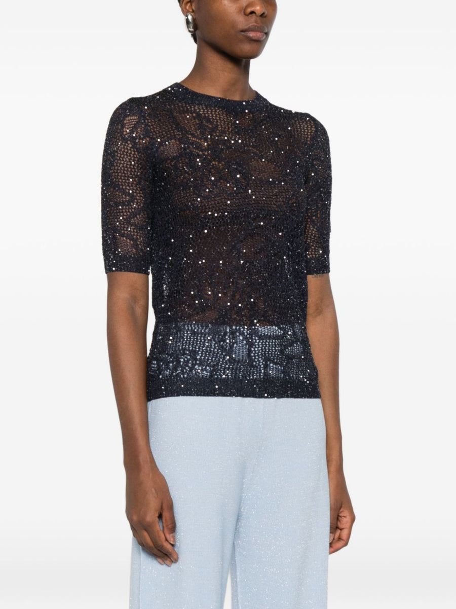 Fabiana Filippi Openwork T Shirt Navy Sparkle Embellished Top For Women Everyday Elegance