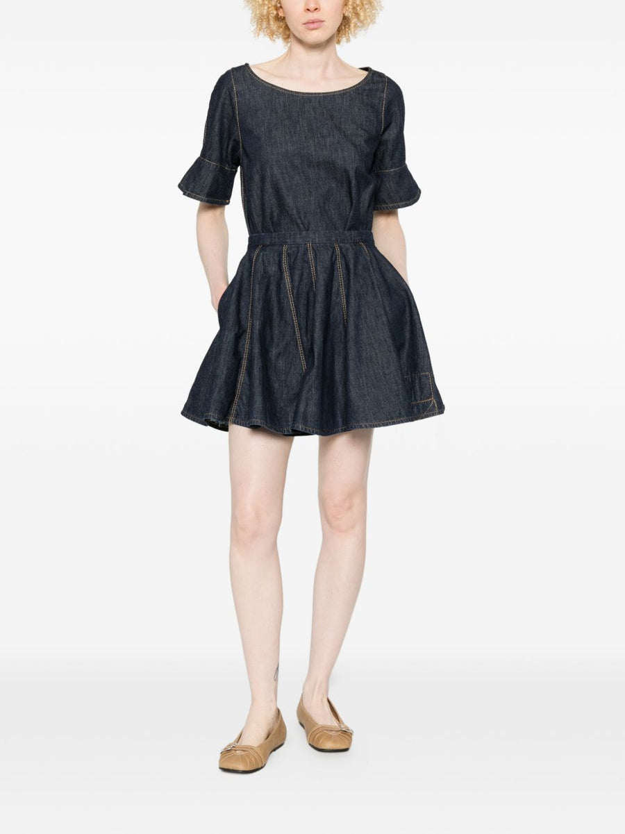 Susanne Bommer Cotton Mini Skirt INK with Blue Seam Detailing Panelled Silhouette Pleat for Women