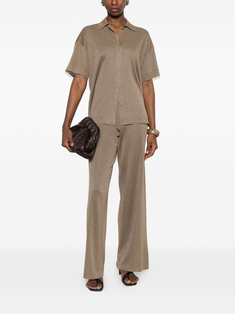 Fabiana Filippi Women Wide Leg Knitted Trousers Elastic Waistband Brown Gold Tone Luxury Officewear