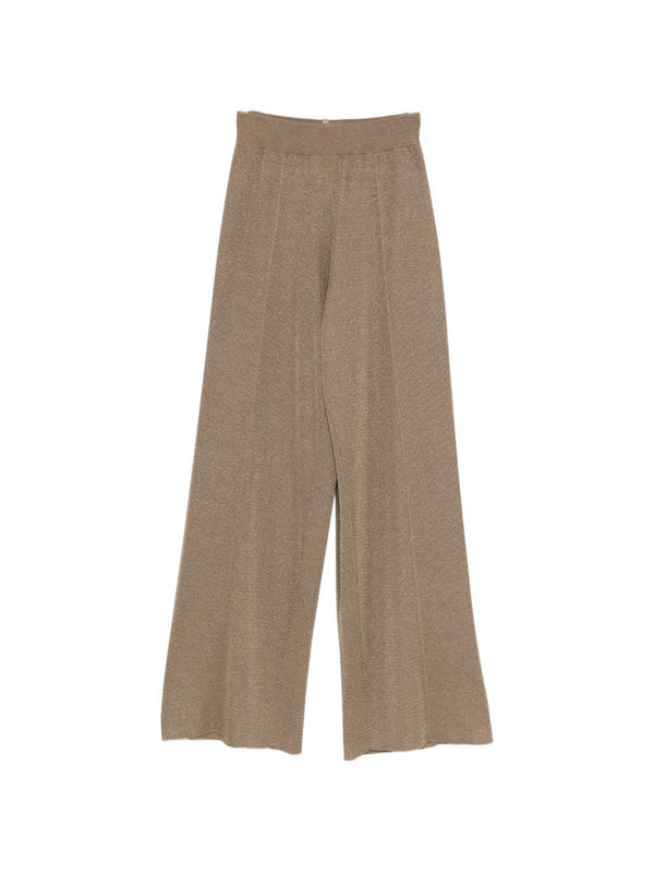 Fabiana Filippi Women Wide Leg Knitted Trousers Elastic Waistband Brown Gold Tone Luxury Officewear