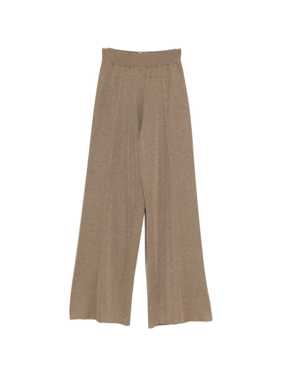 Fabiana Filippi Women Wide Leg Knitted Trousers Elastic Waistband Brown Gold Tone Luxury Officewear