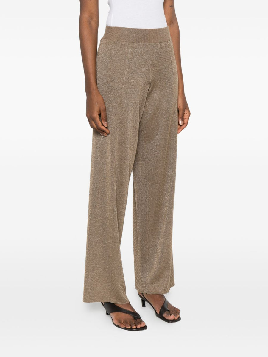 Fabiana Filippi Women Wide Leg Knitted Trousers Elastic Waistband Brown Gold Tone Luxury Officewear