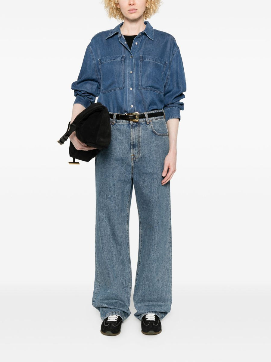 Seven Women's Navy Denim Shirt With Patch Pockets And Press Stud Closure For Everyday Versatility