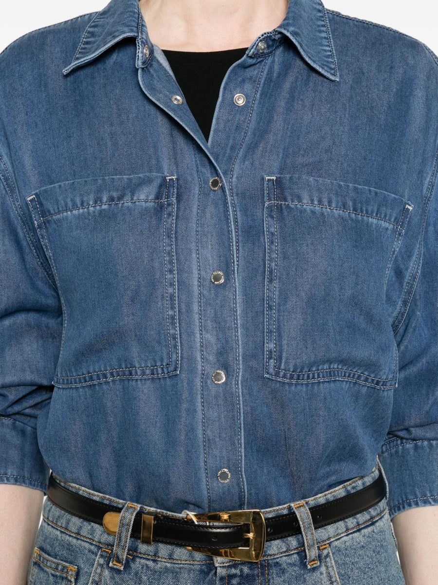 Seven Women's Navy Denim Shirt With Patch Pockets And Press Stud Closure For Everyday Versatility