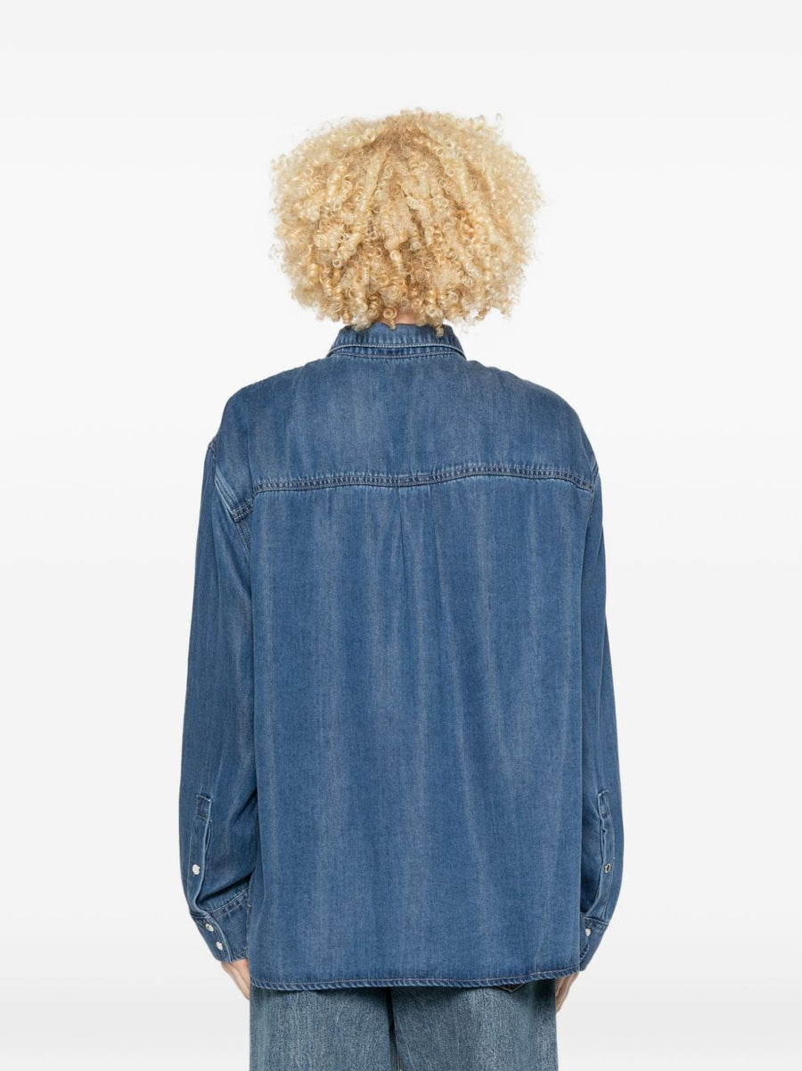 Seven Women's Navy Denim Shirt With Patch Pockets And Press Stud Closure For Everyday Versatility