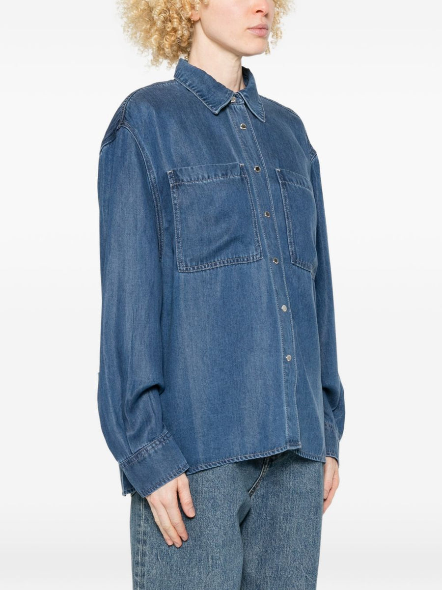 Seven Women's Navy Denim Shirt With Patch Pockets And Press Stud Closure For Everyday Versatility