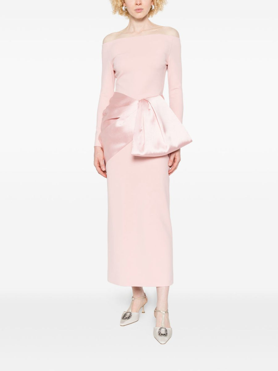 Solace London Rhianne Maxi Dress For Modern Women Elegant Pink Boat Neck Bow Detail With Back Zip