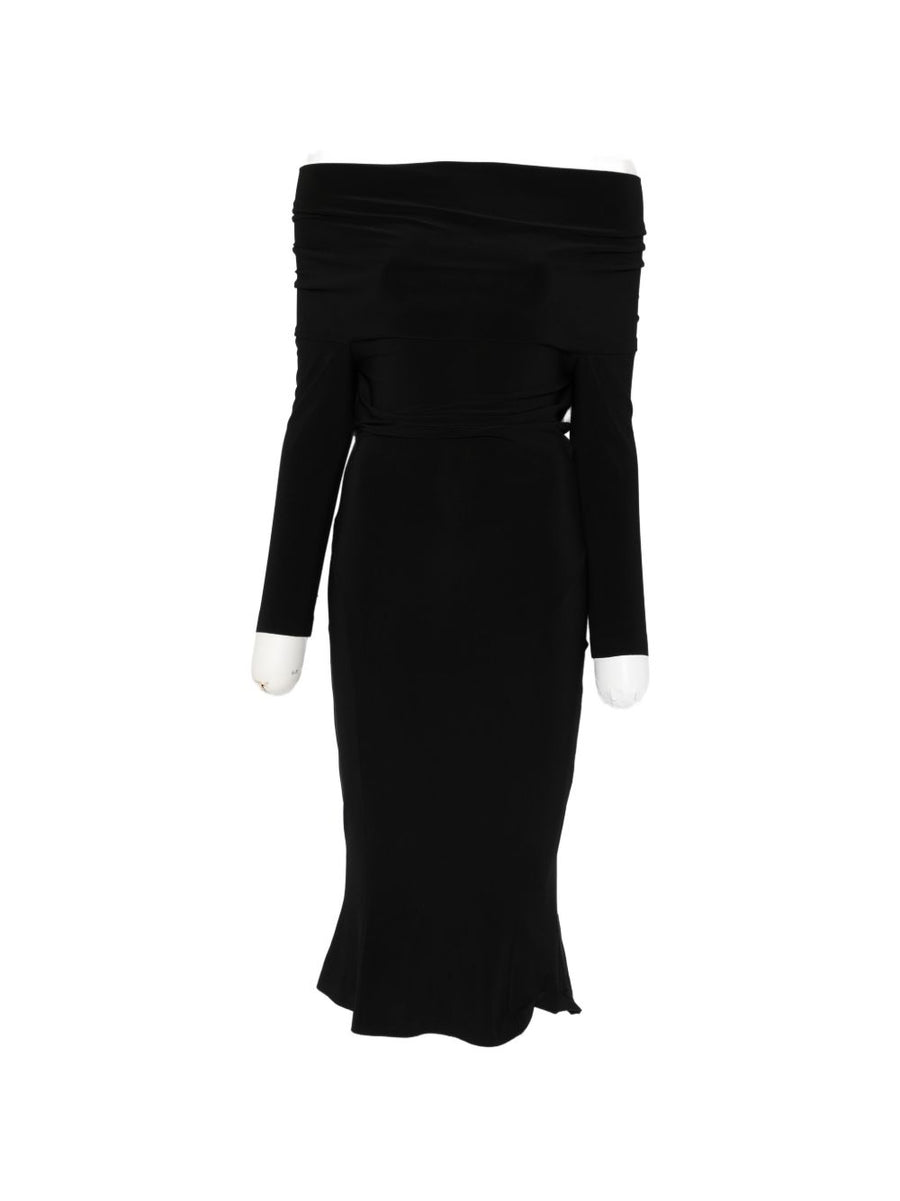 Norma Kamali Off Shoulder Black Midi Dress For Women Sleek Form Fitting Versatile Day To Night
