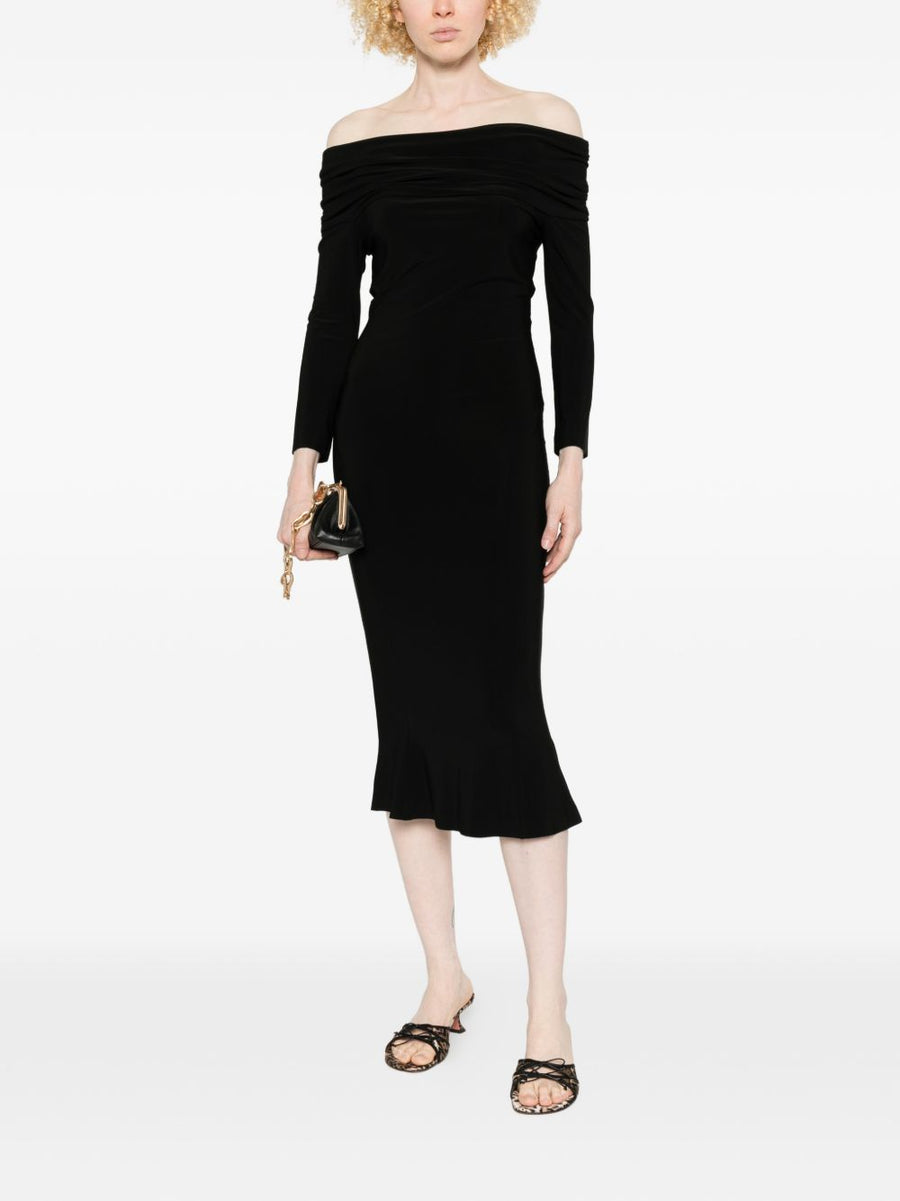 Norma Kamali Off Shoulder Black Midi Dress For Women Sleek Form Fitting Versatile Day To Night