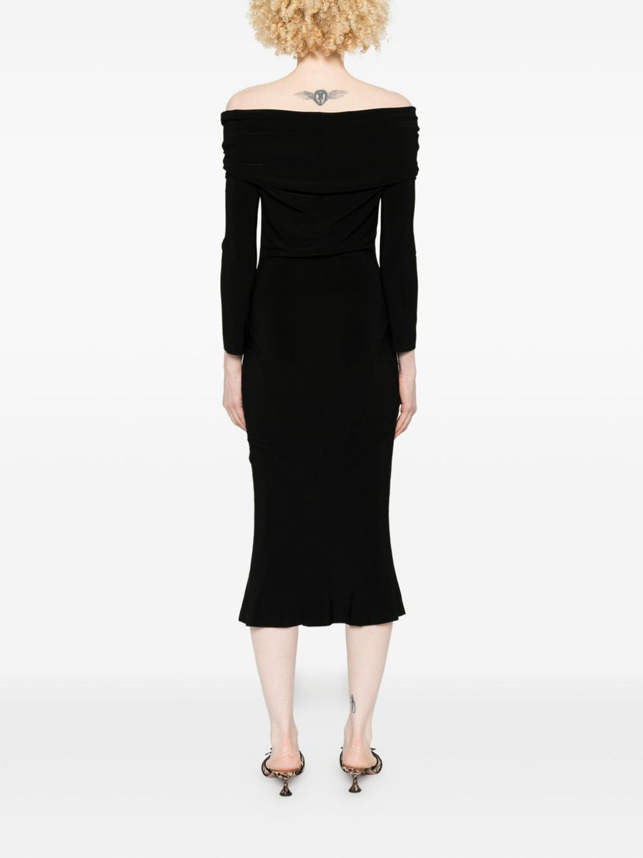 Norma Kamali Off Shoulder Black Midi Dress For Women Sleek Form Fitting Versatile Day To Night
