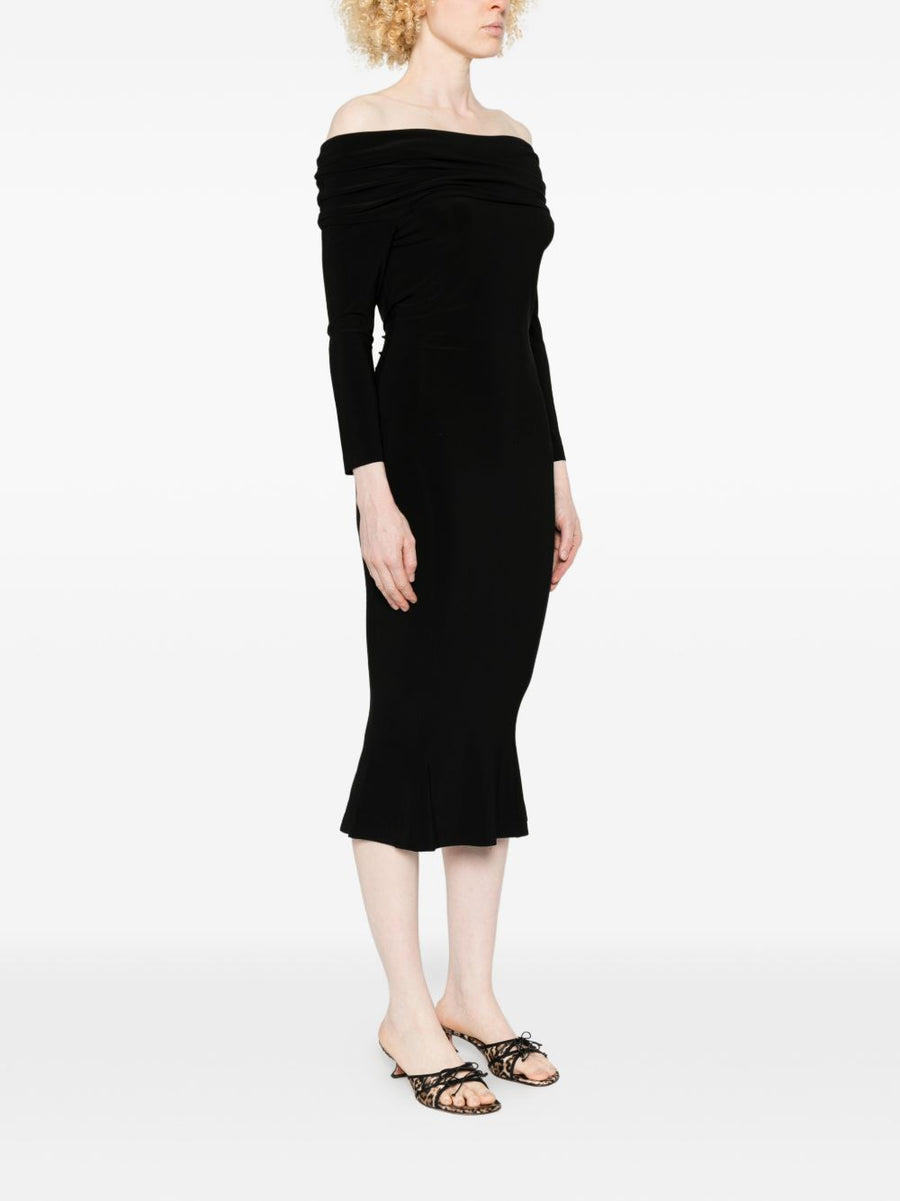 Norma Kamali Off Shoulder Black Midi Dress For Women Sleek Form Fitting Versatile Day To Night