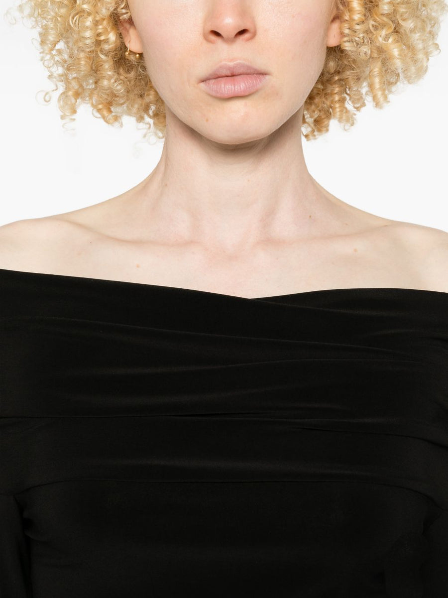 Norma Kamali Off Shoulder Black Midi Dress For Women Sleek Form Fitting Versatile Day To Night