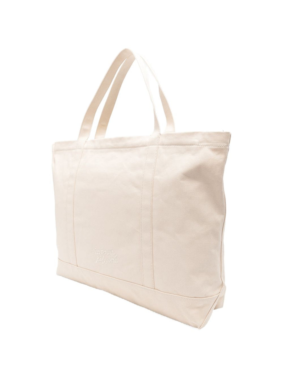 Maison Kitsuné Fox Head XL Tote Beige Canvas Shopper For Women With Internal Pocket Everyday Essential