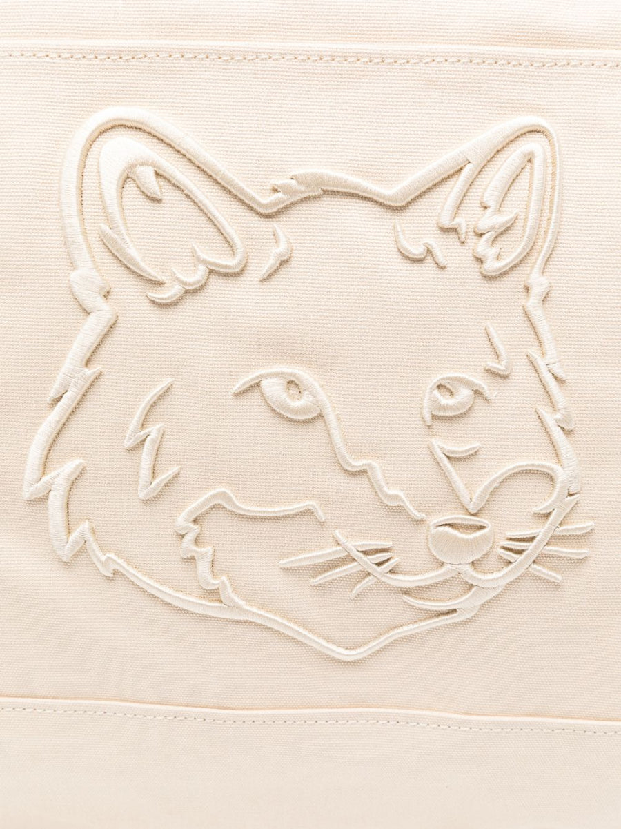 Maison Kitsuné Fox Head XL Tote Beige Canvas Shopper For Women With Internal Pocket Everyday Essential