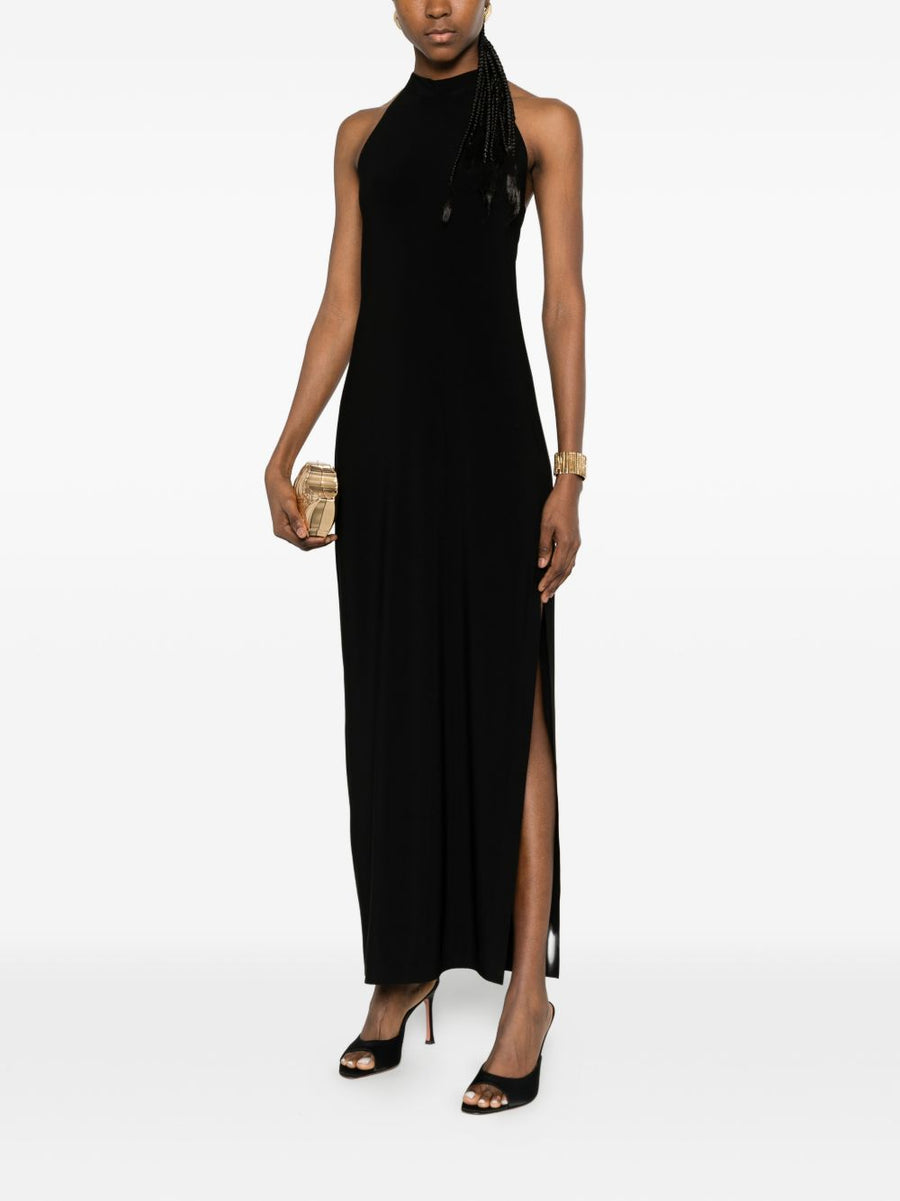 Norma Kamali Black Halter Neck Maxi Dress With Side Slit For Timeless Elegant Evening Wear For Women