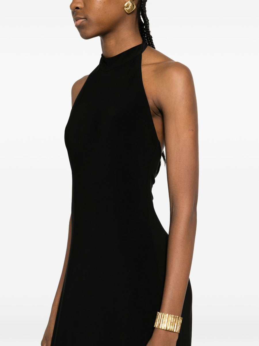 Norma Kamali Black Halter Neck Maxi Dress With Side Slit For Timeless Elegant Evening Wear For Women