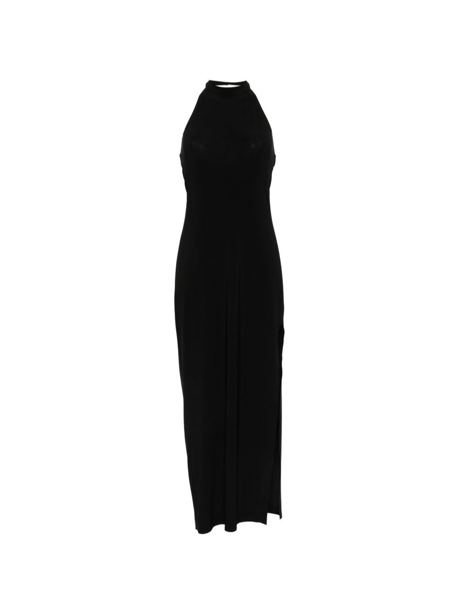 Norma Kamali Black Halter Neck Maxi Dress With Side Slit For Timeless Elegant Evening Wear For Women