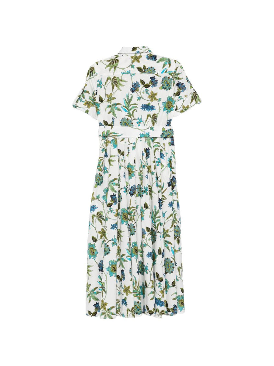 Fay Printed Cotton Chemisier Dress For Women Belted White Floral Print Pockets Breathable