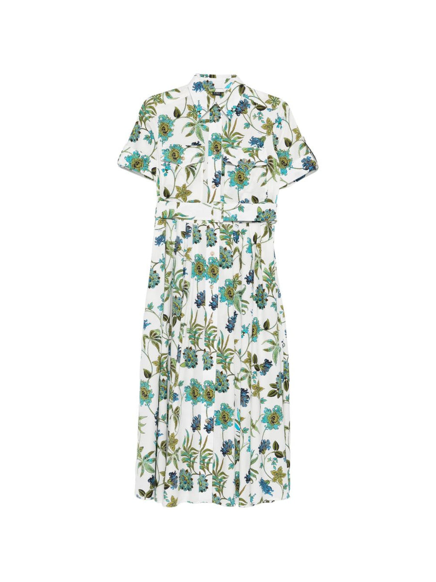 Fay Printed Cotton Chemisier Dress For Women Belted White Floral Print Pockets Breathable