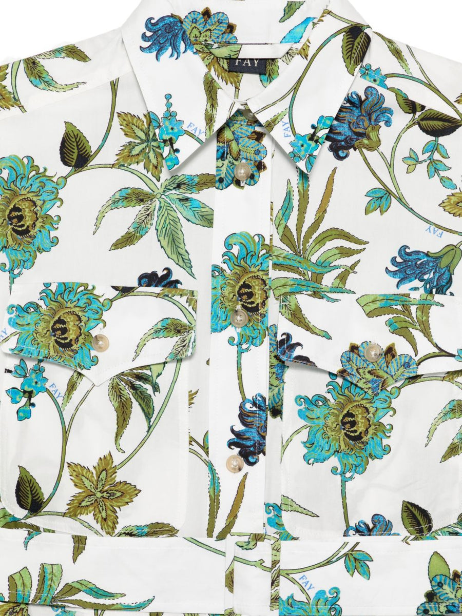Fay Printed Cotton Chemisier Dress For Women Belted White Floral Print Pockets Breathable