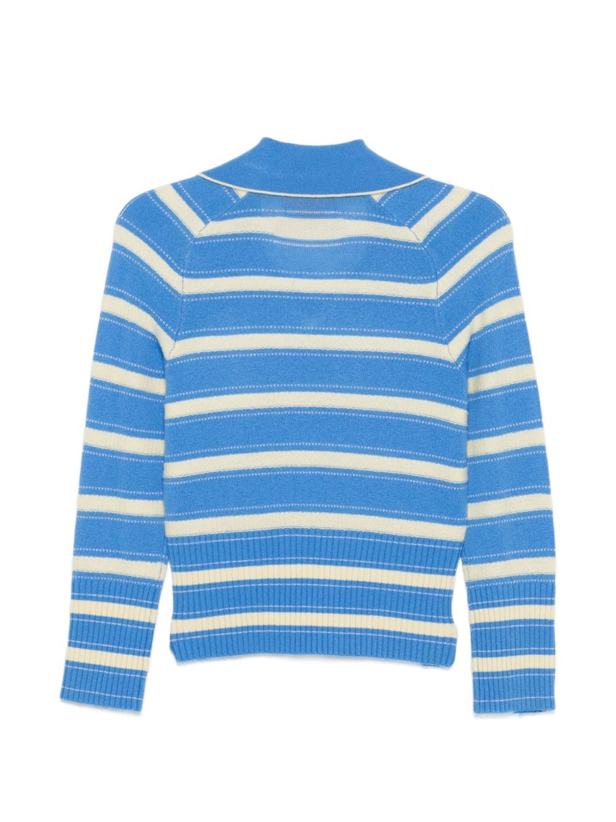 Guest In Residence Cashmere Polo Shirt for Women - Soft Luxury Light Blue Stripe Long Sleeve Button Collar