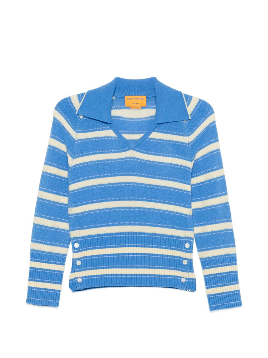 Guest In Residence Cashmere Polo Shirt for Women - Soft Luxury Light Blue Stripe Long Sleeve Button Collar