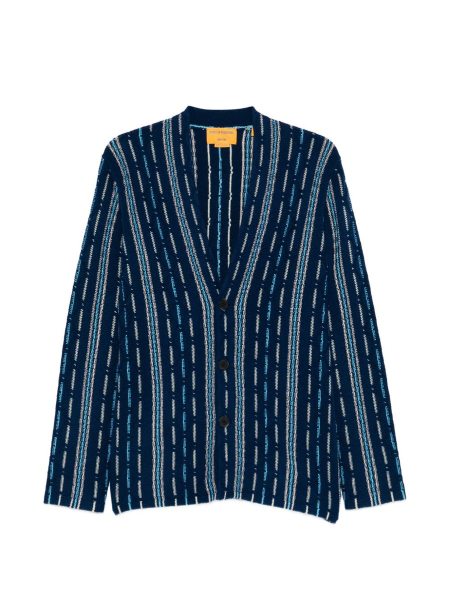 Guest In Residence Cashmere Cardigan Navy V-Neck Button Front With Blue Stripe - Luxury Women's Knit