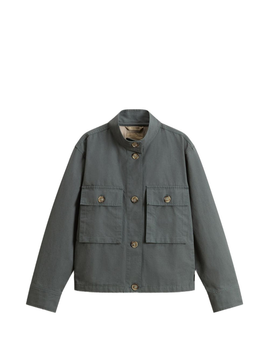 Woolrich Canvas Field Overshirt For Women Durable Cotton Layer With Stand Up Collar In Green