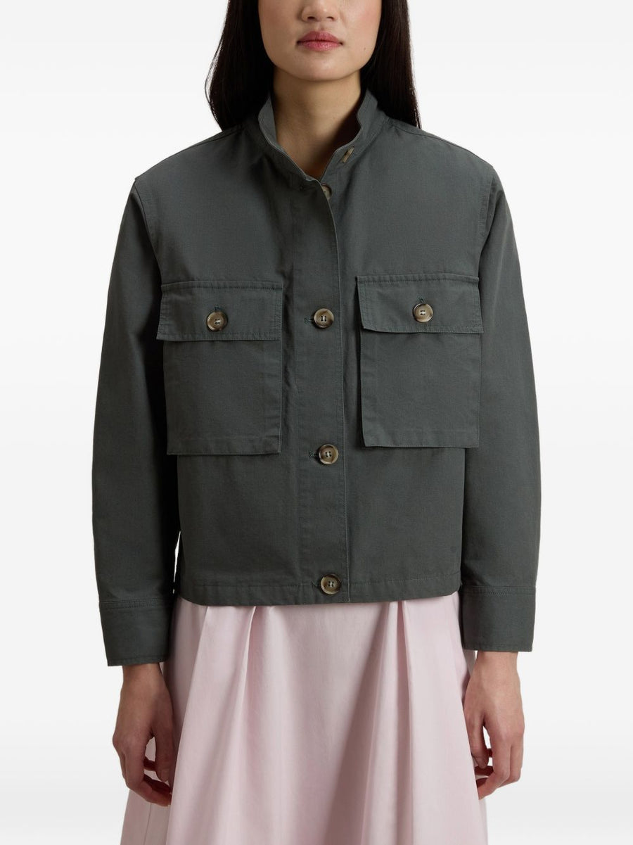 Woolrich Canvas Field Overshirt For Women Durable Cotton Layer With Stand Up Collar In Green