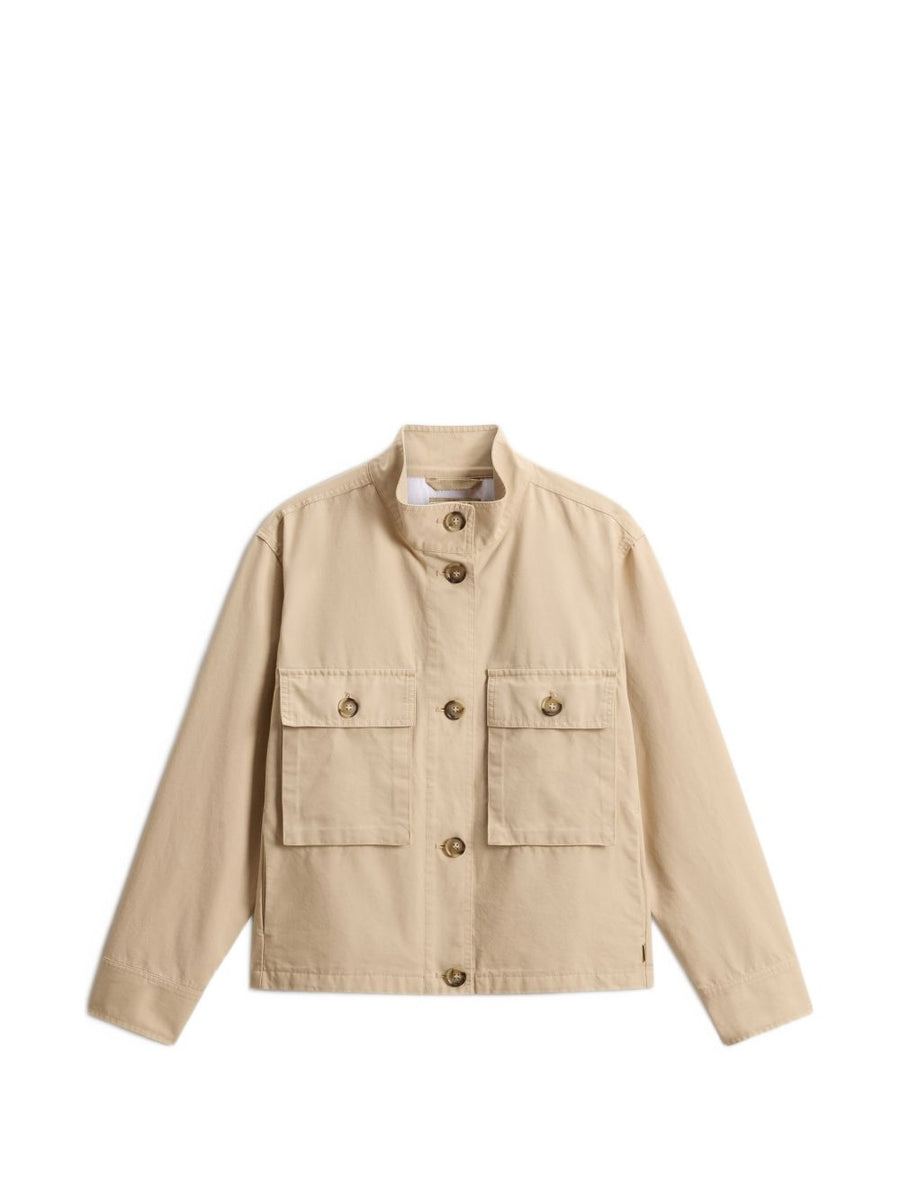 Woolrich Canvas Field Overshirt for Women Beige with Rugged Patch Pockets and Stand Up Collar Timeless