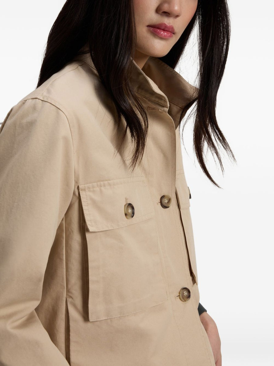 Woolrich Canvas Field Overshirt for Women Beige with Rugged Patch Pockets and Stand Up Collar Timeless
