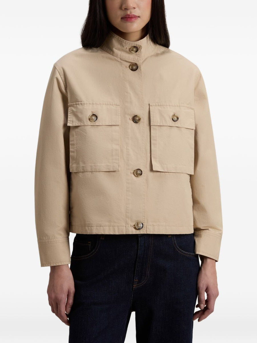 Woolrich Canvas Field Overshirt for Women Beige with Rugged Patch Pockets and Stand Up Collar Timeless