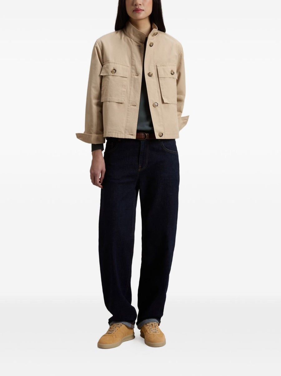 Woolrich Canvas Field Overshirt for Women Beige with Rugged Patch Pockets and Stand Up Collar Timeless