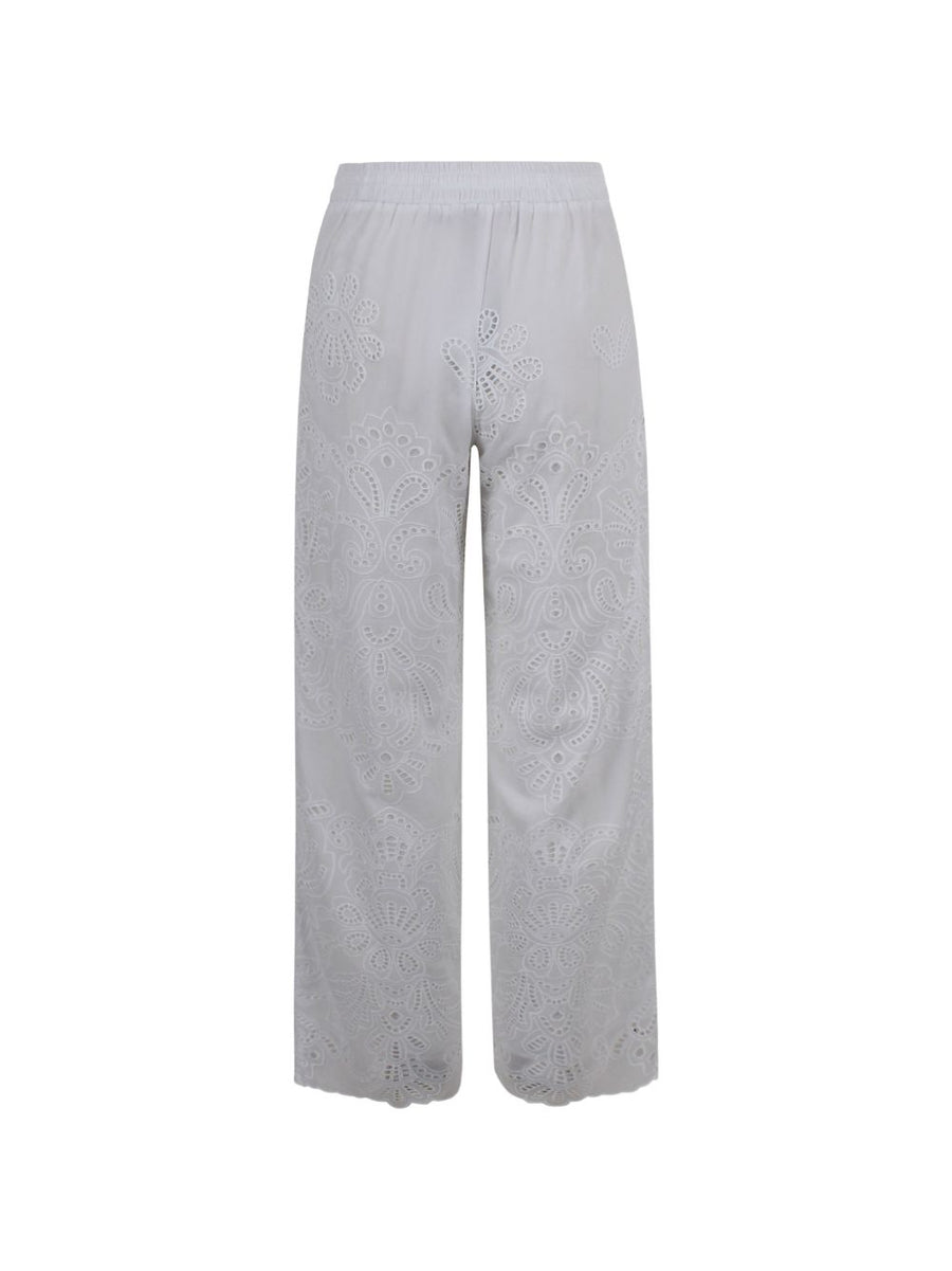 Ermanno Firenze White Cotton Embroidered Trousers With Drawstring Waist