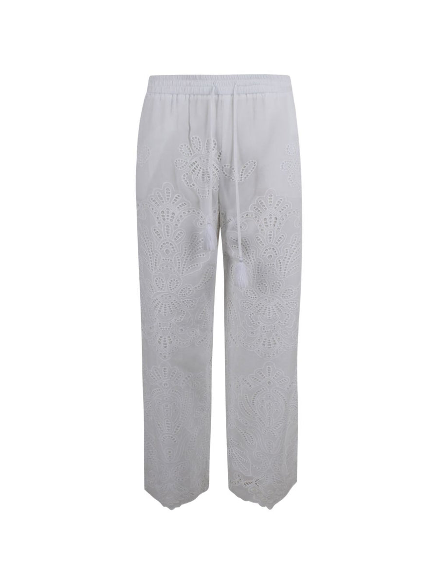 Ermanno Firenze White Cotton Embroidered Trousers With Drawstring Waist
