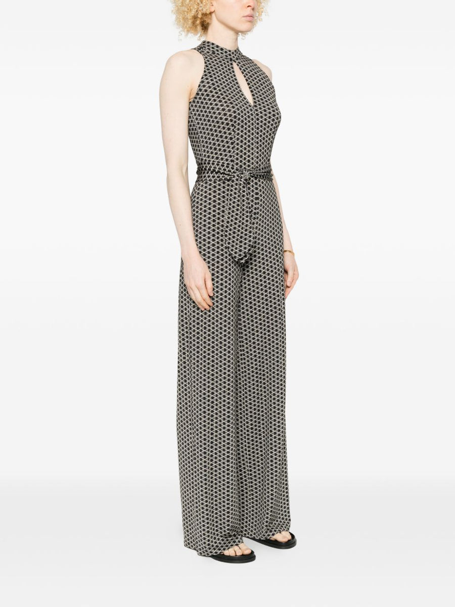 Siyu Dufay Long Jumpsuit For Women Belted Waist Keyhole Neckline Wide Leg Geometric Print