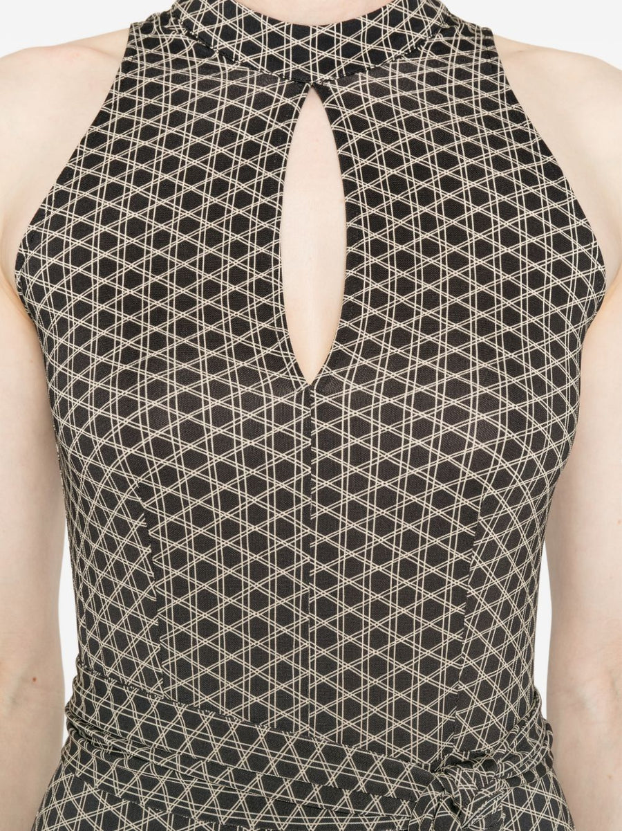 Siyu Dufay Long Jumpsuit For Women Belted Waist Keyhole Neckline Wide Leg Geometric Print