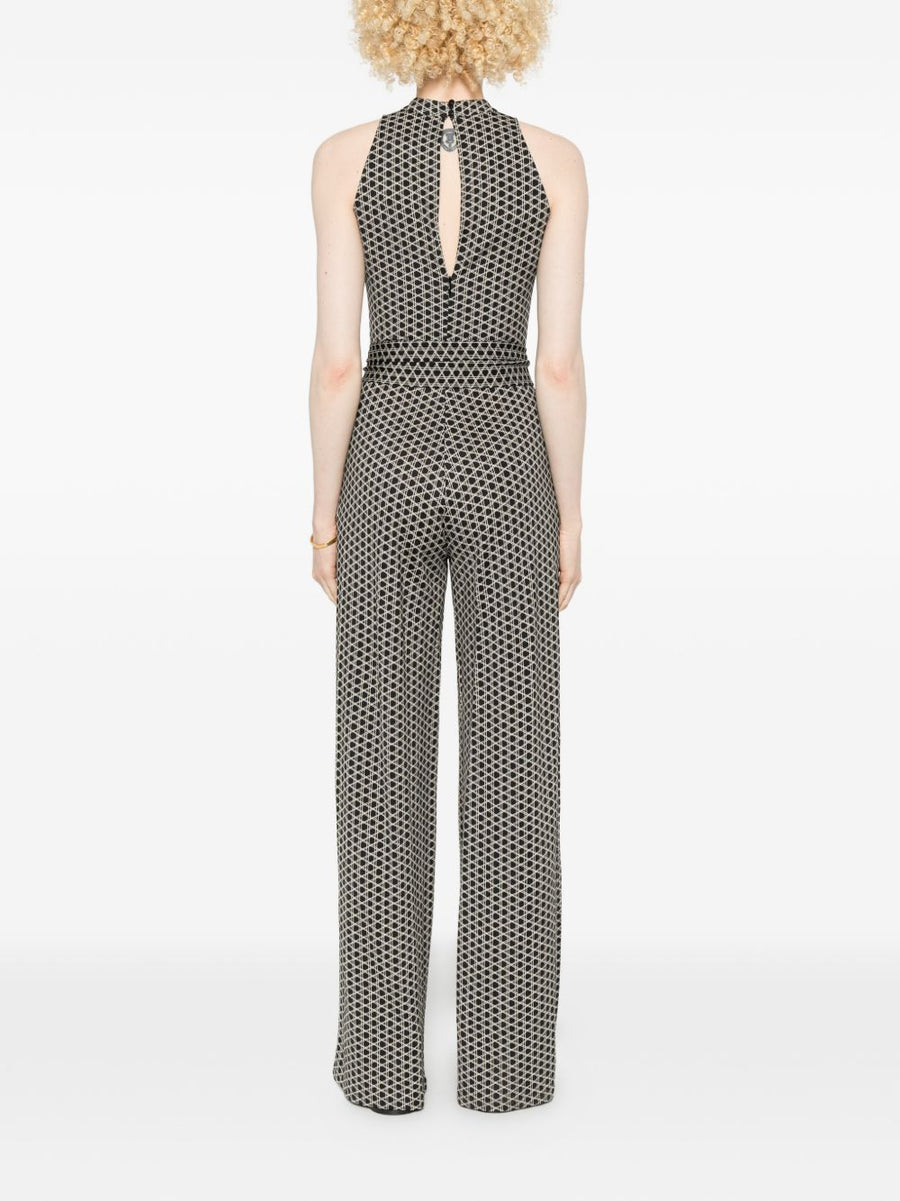 Siyu Dufay Long Jumpsuit For Women Belted Waist Keyhole Neckline Wide Leg Geometric Print