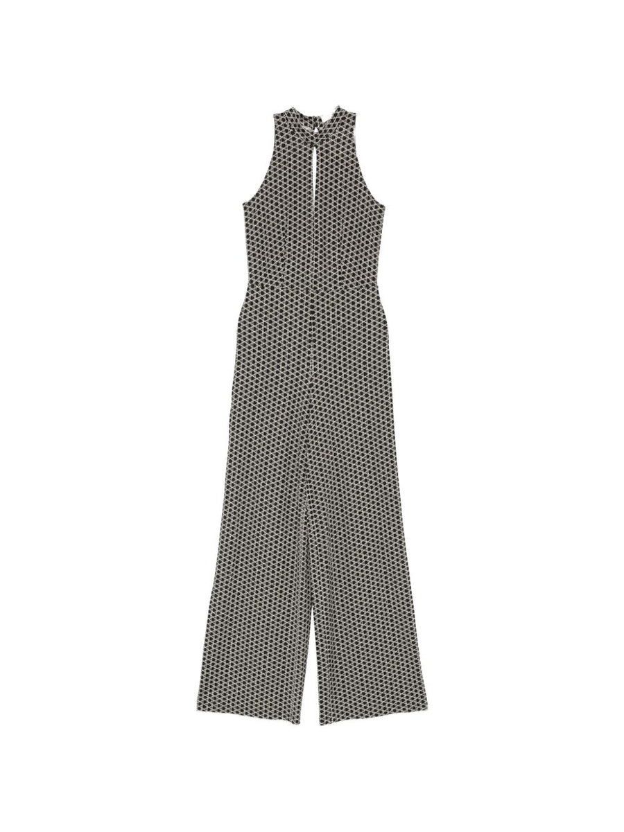 Siyu Dufay Long Jumpsuit For Women Belted Waist Keyhole Neckline Wide Leg Geometric Print