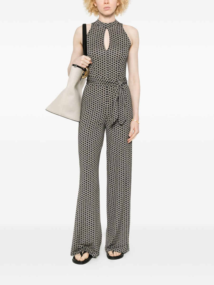 Siyu Dufay Long Jumpsuit For Women Belted Waist Keyhole Neckline Wide Leg Geometric Print