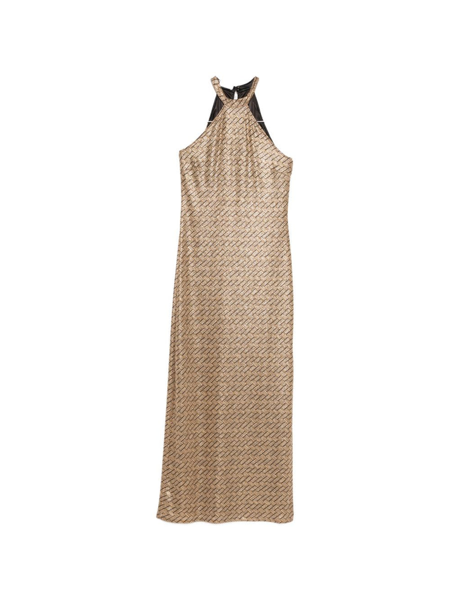 Siyu Tallis Long Dress Floor Length Halterneck Evening Gown With Brown Gold Pattern For Women
