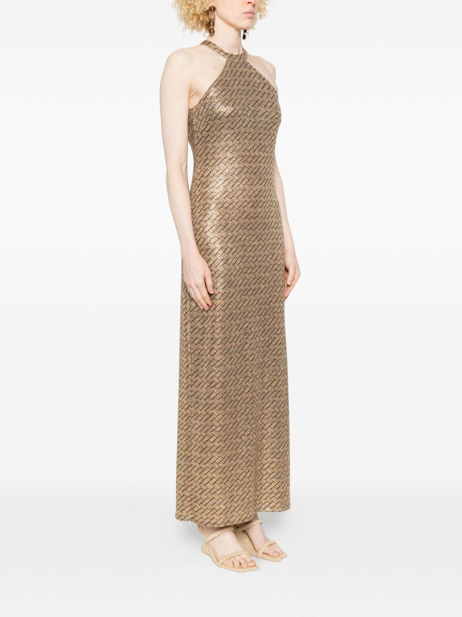 Siyu Tallis Long Dress Floor Length Halterneck Evening Gown With Brown Gold Pattern For Women